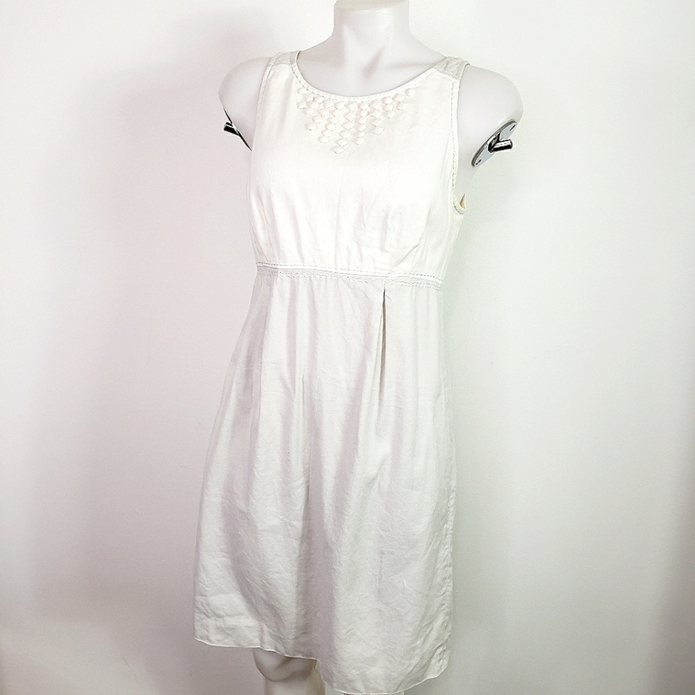 Rebecca Taylor Linen Sleeveless Dress White/Gray Beaded Neck Summer 8